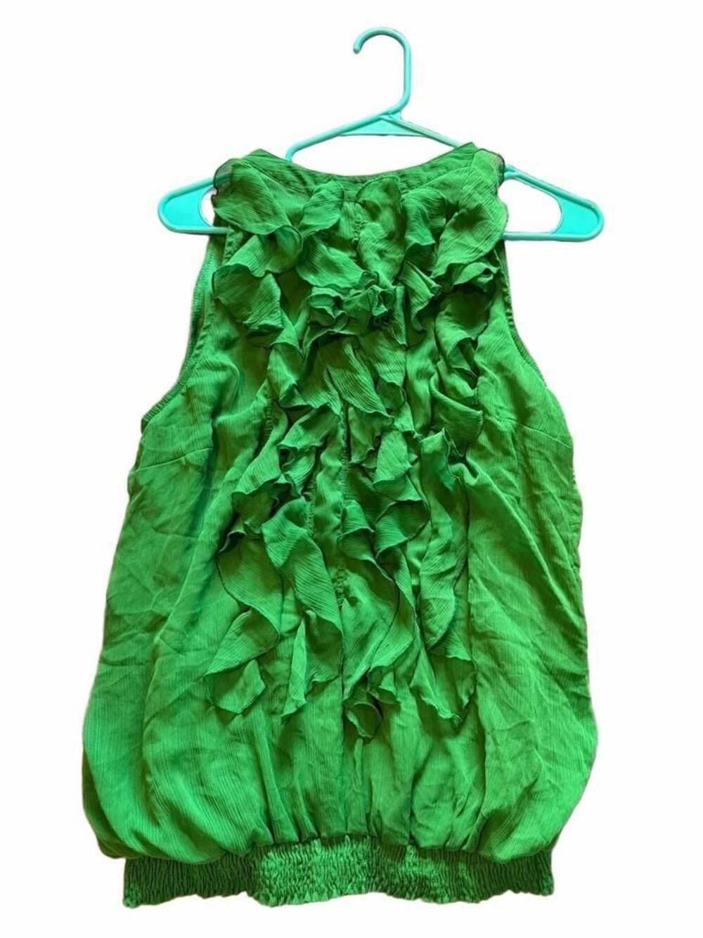 Green Chiffon Ruffled Sleeveless Blouse with Smocked Hem